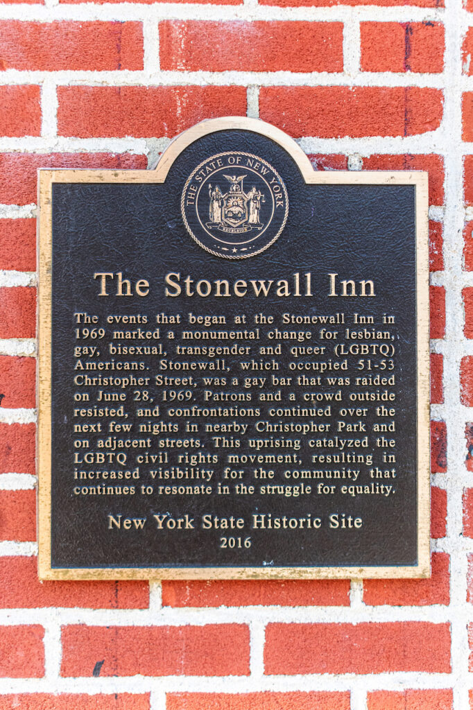 Stonewall Inn memorial plaque with an inscription in memory of the Stonewall riots in Greenwich Village in 1969. - New York, USA, 2022